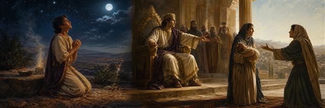 Solomon praying for wisdom and later listening carefully to two mothers